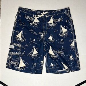 Polo Ralph Lauren Navy Blue Ivory Nautical Sailboats Logo Swim Bathing Suit L